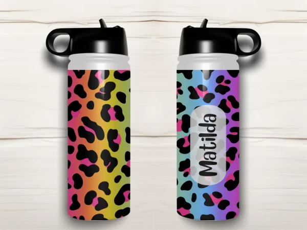 Personalised Kids Drink Bottle - Rainbow Leopard skin