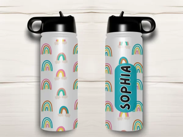 Personalised Kids Drink Bottle - Cute Rainbows