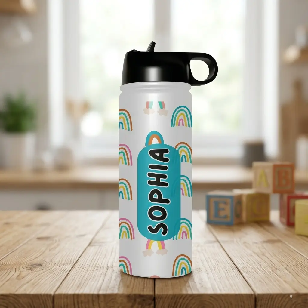 Personalised Kids Drink Bottle - Cute Rainbows