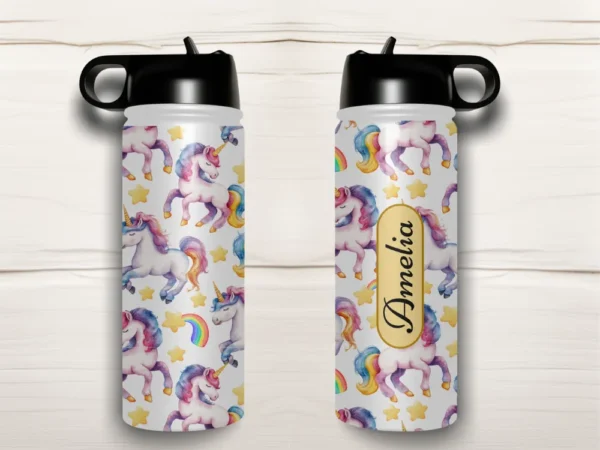 Personalised Kids Drink Bottle - Rainbow Unicorns