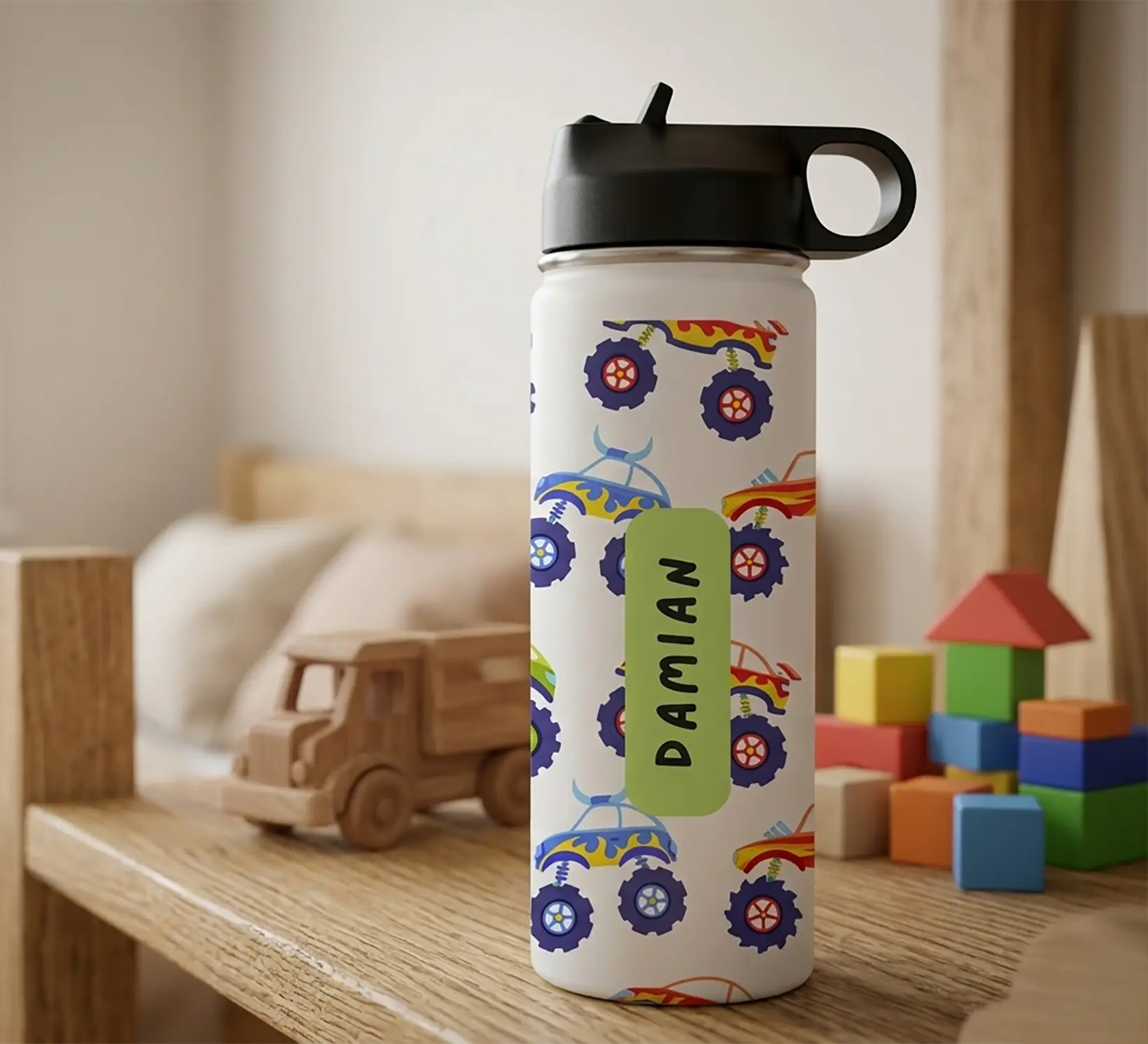 Personalised Kids Drink Bottle Monster Truck Orange