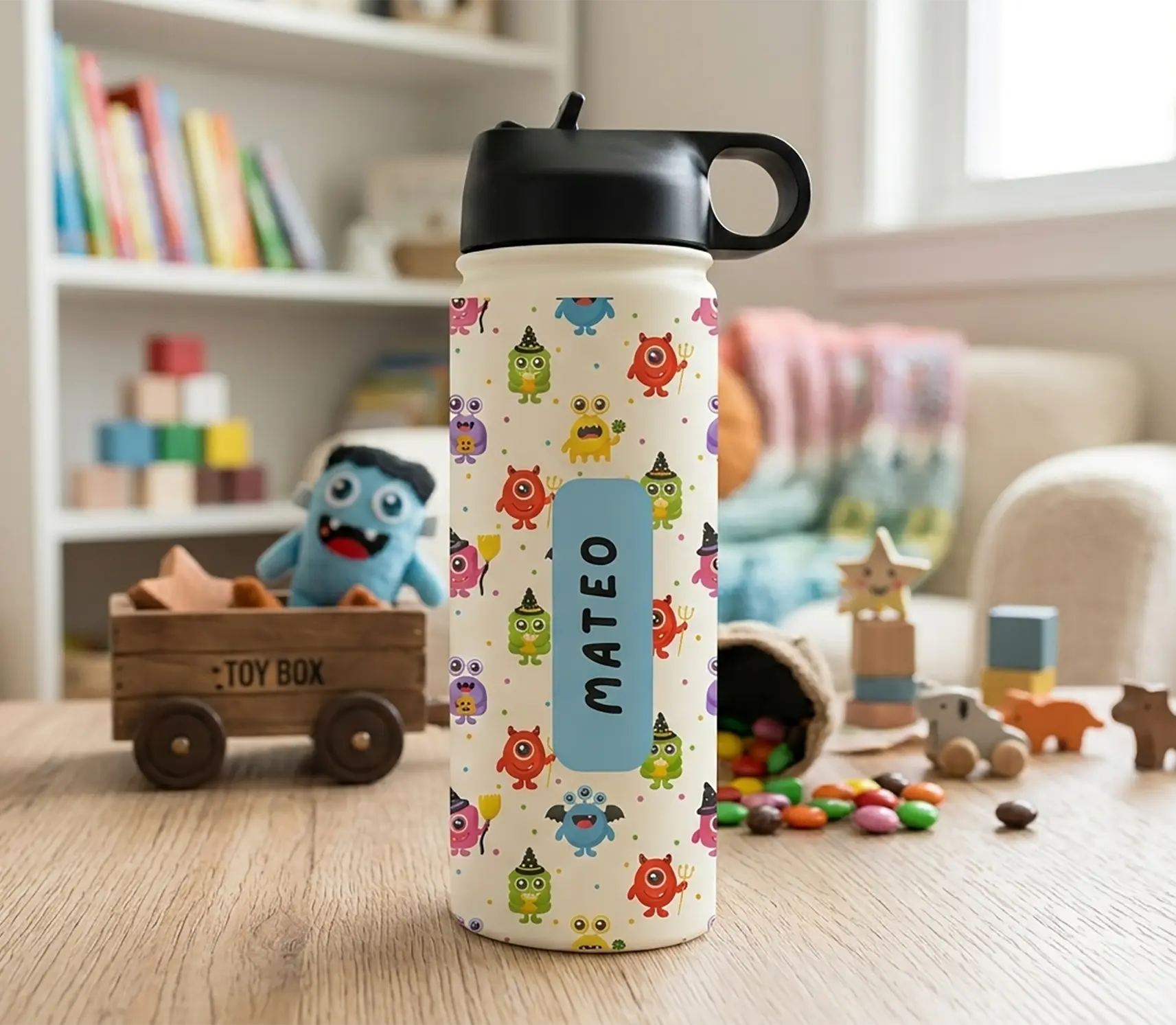 Personalised Kids Drink Bottle Tiny Monsters