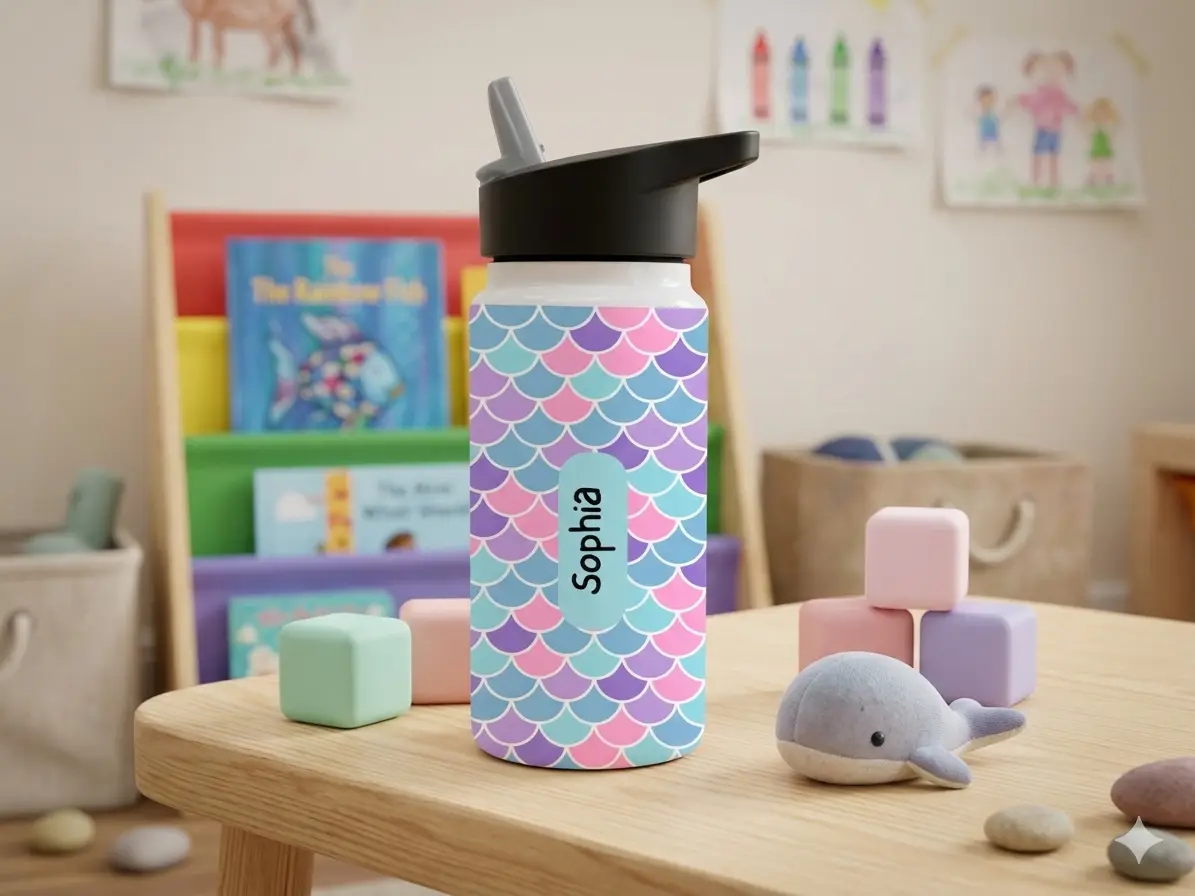 Personalised Kids Drink Bottle 14oz Mermaid Scale